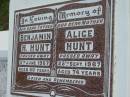 Benjamin H. HUNT, father,
died 5 June 1967 aged 80 years;
Alice HUNT, mother,
died 25 Sept 1967 aged 74 years;
Woodford Cemetery, Caboolture