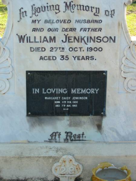 Bennett St Ledger JOHNSTONE,  | 8-8-1881 - 5-3-1958;  | William JENKINSON, husband father,  | died 27 Oct 1900 aged 35 years;  | Margaret Daisy JENKINSON,  | born 11 Feb 1900 died 7 Aug 1983;  | Woodford Cemetery, Caboolture  | 