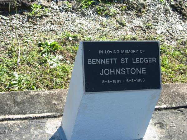 Bennett St Ledger JOHNSTONE,  | 8-8-1881 - 5-3-1958;  | William JENKINSON, husband father,  | died 27 Oct 1900 aged 35 years;  | Margaret Daisy JENKINSON,  | born 11 Feb 1900 died 7 Aug 1983;  | Woodford Cemetery, Caboolture  | 
