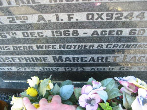 Edwin Cyril Murray LACEY,  | husband father grandfather,  | died 26 Dec 1968 aged 60 years;  | Josephine Margaret LACEY,  | wife mother grandmother,  | died 27 July 1973 aged 62 years;  | Woodford Cemetery, Caboolture  | 