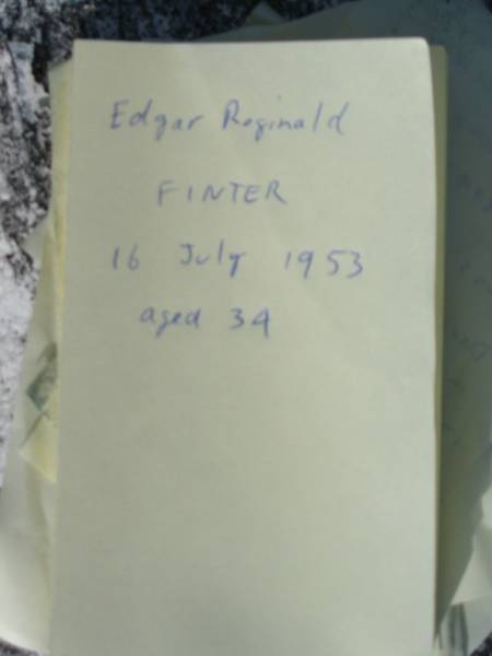 Edgar Reginald FINTER,  | husband father son,  | died 16 July 1953 aged 34 years;  | Woodford Cemetery, Caboolture  | 