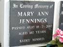
Martha Jennings
24 Oct 1926, aged 59
Joseph Jennings
1 Dec 1933, aged 69

Arthur Stanley Jennings
15 Oct 1988, aged 90

Mary Ann Jennings
10 Feb 2002, aged 102

Woodhill cemetery (Veresdale), Beaudesert shire

