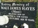 
Maui James HAYES (Mooi)
son of Desiree and Tom Hayes
b:  9 Apr 1985
d: 23 Nov 2003
aged 18
Woodhill cemetery (Veresdale), Beaudesert shire

