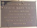 
Kaylene Mary WILSON
b: 11 Jun 1960, d: 18 Jul 2002
(husband: Andy, mother of Jack, Riley)

Woodhill cemetery (Veresdale), Beaudesert shire


