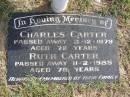 
Charles Carter
d: 3 Dec 1979, aged 72
Ruth Carter
d: 11 Feb 1985, aged 78
Woodhill cemetery (Veresdale), Beaudesert shire

