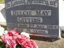 
Dulcie May Gittins
7 Jul 1984, aged 74
Woodhill cemetery (Veresdale), Beaudesert shire

