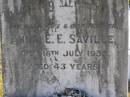 
Anna E E Saville
18 Jul 1933, aged 43
Thomas Saville
14 May 1969, aged 90
Woodhill cemetery (Veresdale), Beaudesert shire

