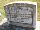 
Glen Morrie Crooks
b: 16 Sep 1954 - d: 15 Jan 2005

Norma Helen Crooks
(accidentally drowned)
d: 2 Nov 1952, aged 13

Helen Crooks
d: 26 Jun 90, aged 80

Alexander Alfred Edward Crooks
d: 21 Mar 83, aged 78

Woodhill cemetery (Veresdale), Beaudesert shire

