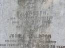 
Euphemia J M Waldron
d: Gleneagle 23 Sep 1905, aged 60
(daughter) Elizabeth
23 Jan 1908, aged 33
Joshua Waldron
(husband of above)
23 Feb 1930, aged 88
Woodhill cemetery (Veresdale), Beaudesert shire

