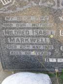 
Mildred Isabel Markwell
22 May 1980, aged 82
Ernest Claude Markwell
1 Feb 1968, aged 73
Woodhill cemetery (Veresdale), Beaudesert shire

