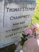 
Alice Marie Champney
13 Feb 1998, aged 95
Thomas Stephen Champney
11 Aug 1964, aged 67
Woodhill cemetery (Veresdale), Beaudesert shire


