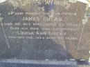 
James Lucas
2 Oct 1942, aged 73
Louisa Ann Lucas
12 Feb 1954, aged 82
Woodhill cemetery (Veresdale), Beaudesert shire

