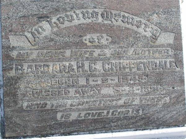 Barbara H C Chippendale  | b: 1 Sep 1945, d: 3 Aug 1991  | Woodhill cemetery (Veresdale), Beaudesert shire  |   | 