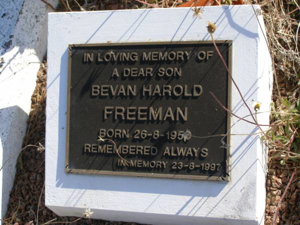 Phillip John  | (infant son of) H.E. - I.R. Freeman  | 25 Mar 1955  | Bevan Harold Freeman  | b: 26 Aug 1959?  | b: 23 Aug 1997  | Woodhill cemetery (Veresdale), Beaudesert shire  |   | 