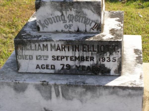 William Martin Elliott  | d: 12 Sep 1935, aged 79  | Woodhill cemetery (Veresdale), Beaudesert shire  |   | 