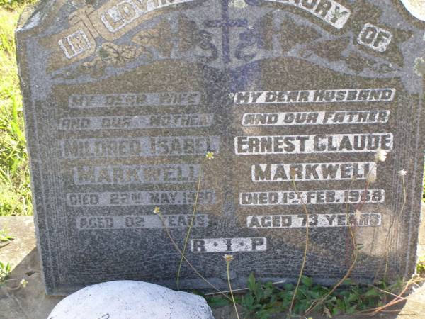 Mildred Isabel Markwell  | 22 May 1980, aged 82  | Ernest Claude Markwell  | 1 Feb 1968, aged 73  | Woodhill cemetery (Veresdale), Beaudesert shire  |   | 
