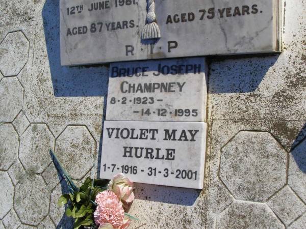Maggie Percy Champney  | 12 Jun 1981,aged 87  | Joseph Walter Champney  | 7 Aug 1960, aged 75  | Bruce Joseph Champney  | b: 8 Feb 1923, d: 14 Dec 1995  | Violet May Hurle  | b: 1 Jul 1916, d: 31 Mar 2001  | Woodhill cemetery (Veresdale), Beaudesert shire  |   | 