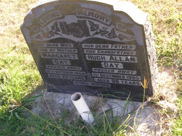 Margaret Day  | 15 Oct 1968, aged 62  | Hugh Allan Day  | 1 Dec 1995, aged 90  | Woodhill cemetery (Veresdale), Beaudesert shire  |   | 