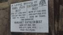 
Agnes Willis BEST
b: 21 Apr 1890
d: 20 Nov 1964 aged 74

Eric Henry BEST
b: 8 Aug 1882
d: 26 Feb 1973 aged 90

daughter
Margaret Kathleen BEST
b: 15 Nov 1931
d: 9 Aug 1975 aged 43

Yandilla All Saints Anglican Church with Cemetery

