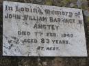
John William Barrington ANSTEY,
died 7 Feb 1940 aged 83 years;
Sarah ANSTEY,
died 6 May 1951 aged 81 years;
Yangan Anglican Cemetery, Warwick Shire

