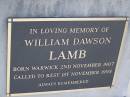 
William Dawson LAMB,
born Warwick 2 Nov 1907
died 1 Nov 1995;
Yangan Anglican Cemetery, Warwick Shire
