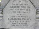 
George PULLEN,
father,
died 10 May 1910 aged 82 years;
Elizabeth PULLEN,
mother,
died 11 May 1912 aged 74 years;
Yangan Anglican Cemetery, Warwick Shire
