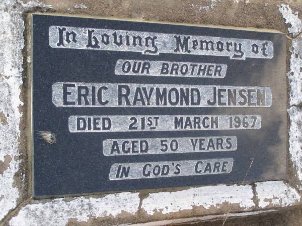 Eric Raymond (Jock) JENSEN,  | brother,  | died 21 March 1967 aged 50 years;  | Yangan Anglican Cemetery, Warwick Shire  | 