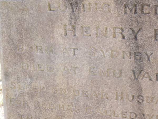 Henry HILLERY,  | husband,  | born Sydney 17 Sept 1845  | died Emu Vale 4 Nov 1893;  | Yangan Anglican Cemetery, Warwick Shire  | 