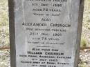 
Annie CHISHOLM,
died 9 Dec 1896 aged 72 years,
erected by husband Alexander CHISHOLM;
Alexander CHISHOLM,
died 25 Dec 1903 aged 78 years;
William CHISHOLM,
son,
born Mains Ardersier Scotland 17 July 1862,
died Bondi Sydney 13 June 1938;
Yangan Presbyterian Cemetery, Warwick Shire
