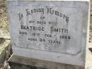 
Beatrice SMITH,
wife,
died 13 Feb 1929 aged 34 years;
Yangan Presbyterian Cemetery, Warwick Shire
