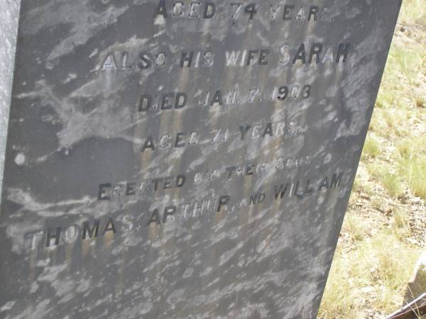 George JOHNSON,  | died 5 July 1902 aged 74 years;  | Sarah,  | wife,  | died 7 Jan 1903 aged 71 years;  | erected by sons Thomas, Arthur & William;  | Yangan Presbyterian Cemetery, Warwick Shire  | 