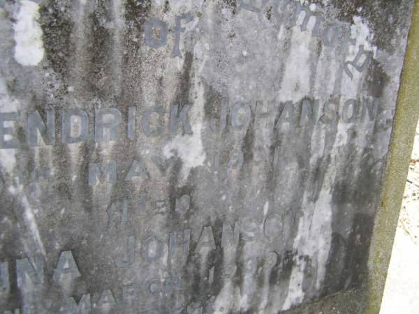 Erick Hendrick JOHANSON,  | died 20 May 1931;  | Anna JOHANSON,  | died 22 March 1939;  | Evangeline CLEVELAND,  | grand-daughter,  | 1908 - 1961;  | Yangan Presbyterian Cemetery, Warwick Shire  | 