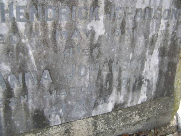 Erick Hendrick JOHANSON,  | died 20 May 1931;  | Anna JOHANSON,  | died 22 March 1939;  | Evangeline CLEVELAND,  | grand-daughter,  | 1908 - 1961;  | Yangan Presbyterian Cemetery, Warwick Shire  | 