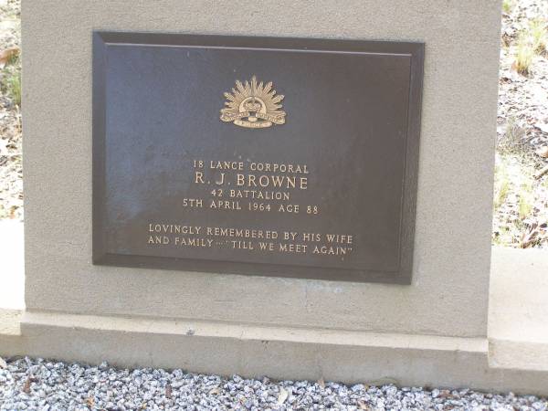 R.J. BROWNE,  | died 5 April 1964 aged 88 years,  | remembered by wife & family;  | Yangan Presbyterian Cemetery, Warwick Shire  | 