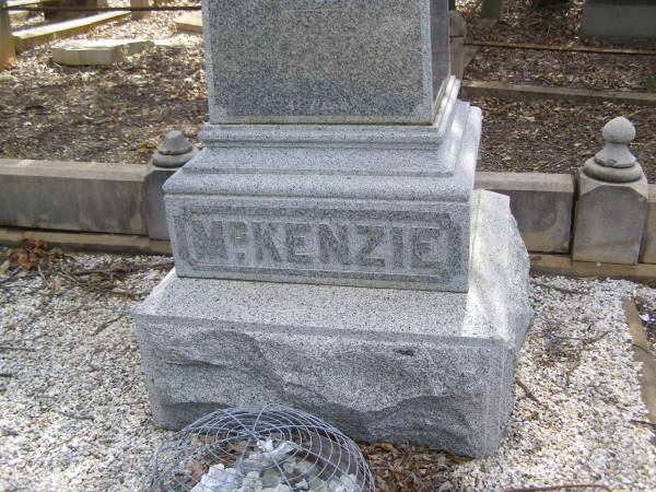 Margaret Allan,  | wife of William MCKENZIE,  | born Dundee Scotland 1 Nov 1853  | died Warwick 26 July 1912;  | William MCKENZIE,  | died 4 May 1916 aged 68 years;  | Yangan Presbyterian Cemetery, Warwick Shire  | 