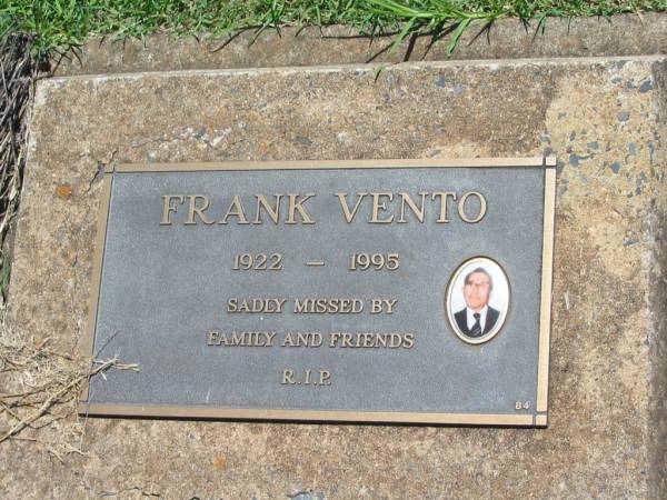 Frank VENTO,  | 1922 - 1995;  | Yarraman cemetery, Toowoomba Regional Council  | 
