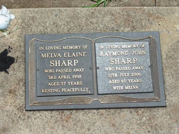 Melva Elaine SHARP,  | died 3 April 1998 aged 57 years;  | Raymond John SHARP,  | died 10 July 2006 aged 60 years,  | with Melva;  | Yarraman cemetery, Toowoomba Regional Council  | 
