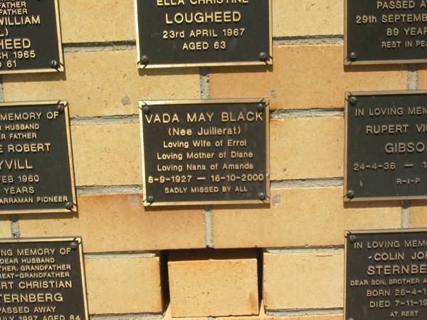 Vada May BLACK (nee JUILLERAT),  | wife of Errol,  | mother of Diane,  | nana of Amanda,  | 8-9-1927 - 16-10-2000;  | Yarraman cemetery, Toowoomba Regional Council  | 