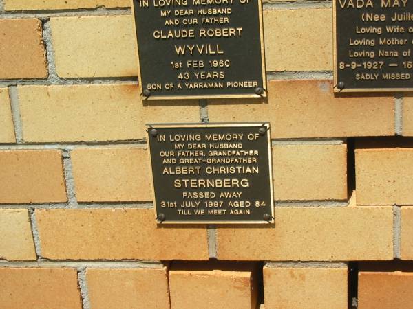 Albert Christian STERNBERG,  | husabnd father grandfather great-grandfather,  | died 31 July 1997 aged 84 years;  | Yarraman cemetery, Toowoomba Regional Council  | 
