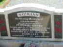 Clifford Henry NAUMANN,
died 21-12-1968 aged 63 years;
Margaret Bavestock NAUMANN,
died 14-6-2000 aged 81 years;
John Carl NAUMANN,
died 7-3-1991 aged 88 years;
parents grandparents uncle;
Yarraman cemetery, Toowoomba Regional Council