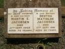 Martin E. JACOBSEN,
husband father,
died 9 Sept 1968 aged 72 years;
Bertha Mathilde JACOBSEN,
mother,
died 17 Sept 1991 aged 90 years;
Yarraman cemetery, Toowoomba Regional Council