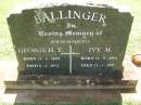 George H.T. BALLINGER,
born 21-8-1899,
died 6-2-1972;
Ivy M. BALLINGER,
born 16-9-1904,
died 21-5-1997;
parents;
Yarraman cemetery, Toowoomba Regional Council