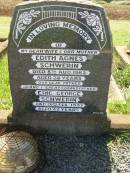 Edith Agnes SCHWERIN,
wife mother,
died 8 Aug 1962 aged 38 years;
Eric George SCHWERIN,
father grandfather great-grandfather,
died 26 Feb 1997 aged 82 years;
Yarraman cemetery, Toowoomba Regional Council