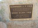 Elizabeth Ann PIRIE,
mother,
died 29 Jan 1957;
Robert Hill PIRIE,
father,
died 29 Aril 1957;
Alexander L.F. PIRIE,
born Brisbane 18-10-1913,
died Sandgate 7-6-2003;
Jessie Eileen PIRIE (nee LOUGHEED),
born Yarraman 26-3-1912,
died Sandgate 7-5-1998;
Yarraman cemetery, Toowoomba Regional Council