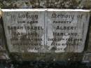 Sarah Isabel HARLAND,
died 11 Jan 1945 aged 59 years;
Albert HARLAND,
died 19 Feb 1948 aged 61 years;
parents;
Yarraman cemetery, Toowoomba Regional Council