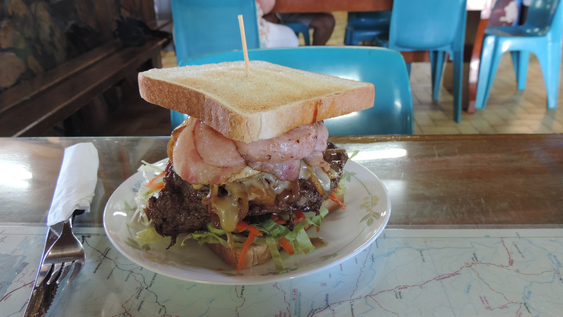 steak sandwich at Palmer River roadhouse